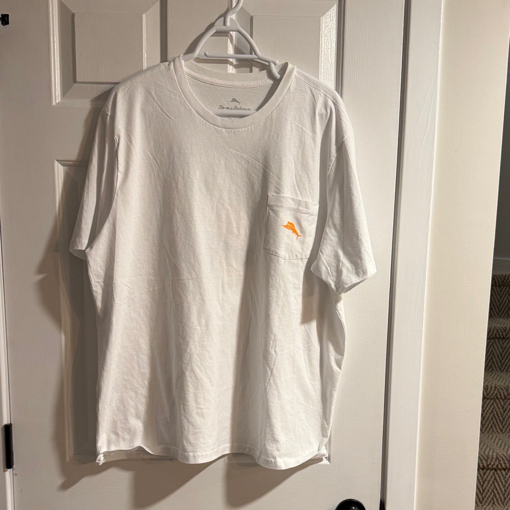 Men’s Tommy Bahama White T-Shirt with Orange Logo and front chest pocket